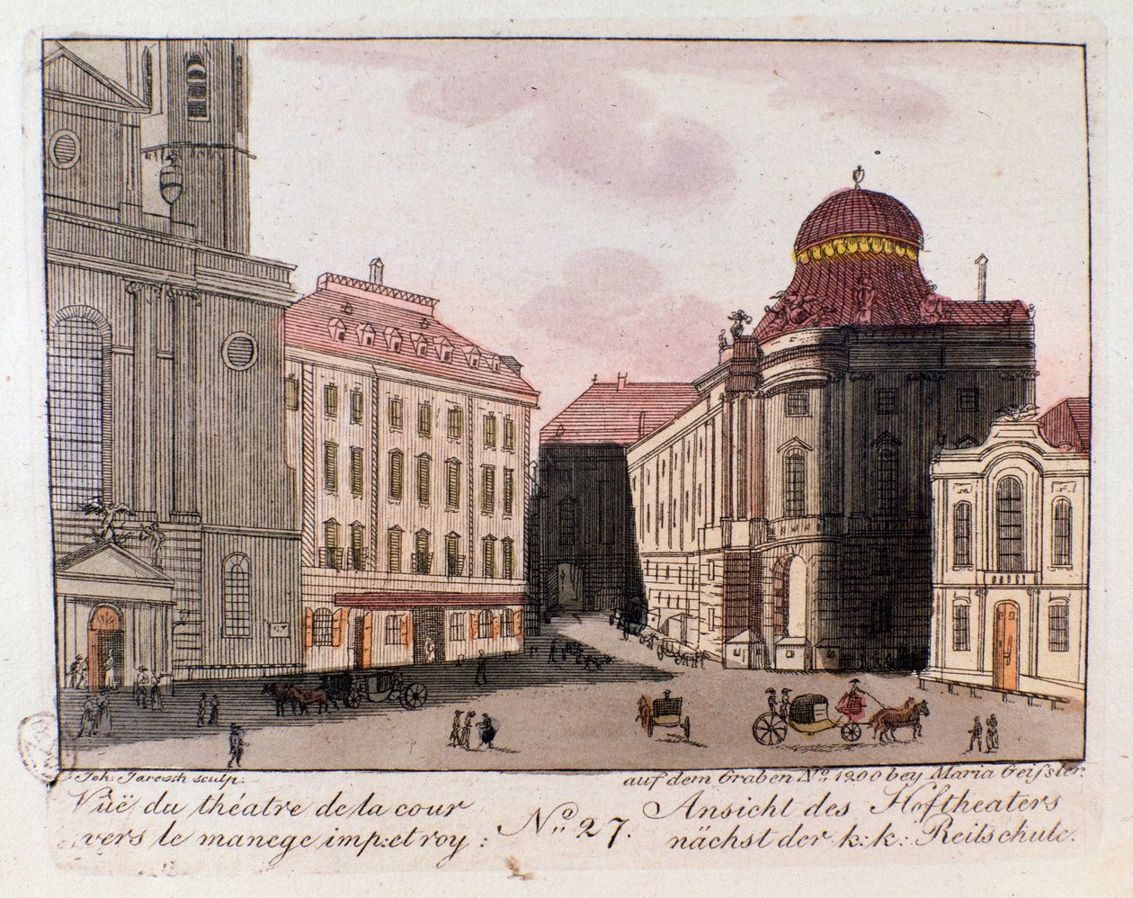 Utsikt over teatret og gårdsplassen mot den keiserlige manesjen i Wien, Østerrike. Gravering fra 1815 privatsamling av Unknown artist