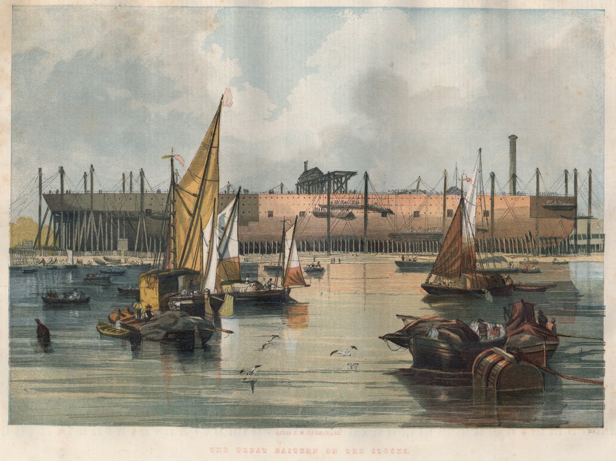 Utsikt over den transatlantiske rutebåten "Great Eastern" (Leviathan) under bygging ved Thames Shipyard i London. Gravering i "" The illustrated London News "" av 7. november 1857. av Unknown artist
