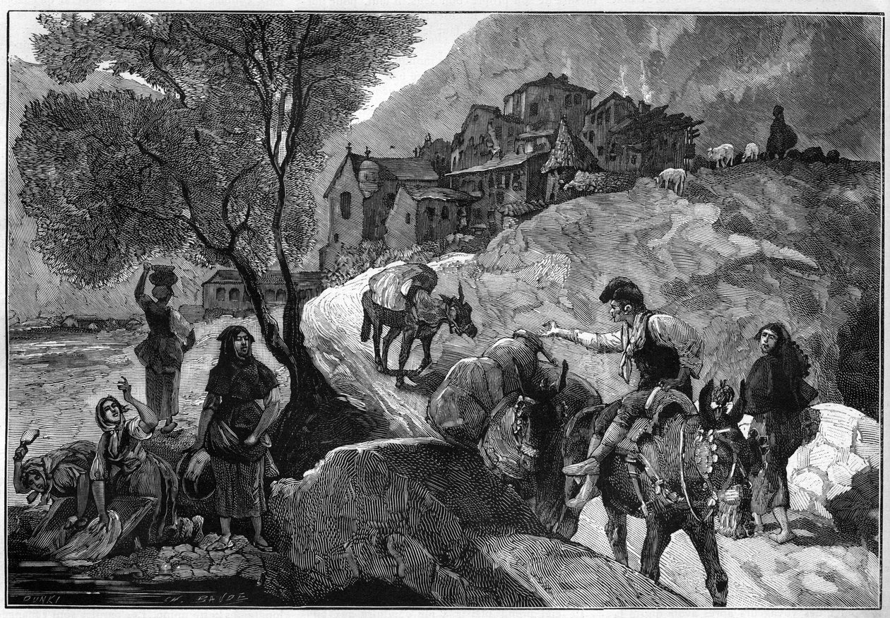 View of the village of Andorra la Vella (Andorra La Vella) of the Republic of Andorra and its inhabitants Andorrans. Engraving in “” Le Monde Illustré”” av Unknown artist