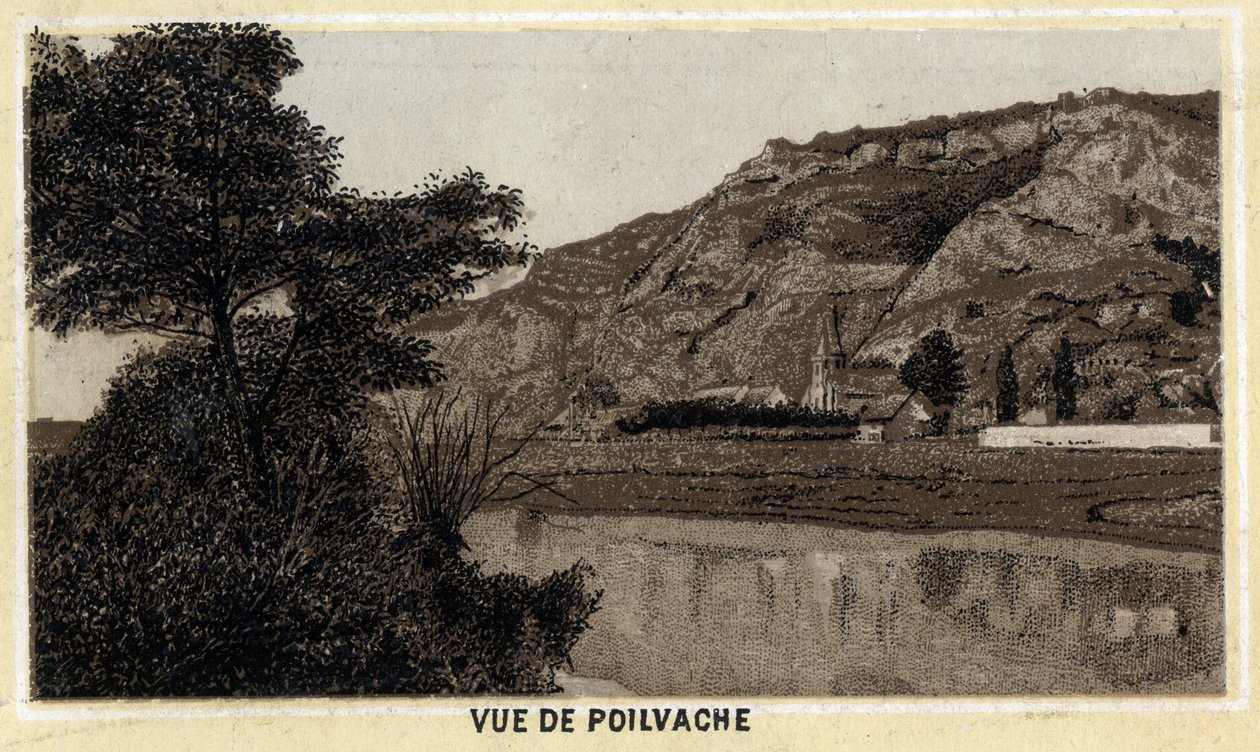 Utsikt over landsbyen Poilvache, Vallee de la Meuse, Belgia. Kromolitografi fra slutten av 1800-tallet. av Unknown artist