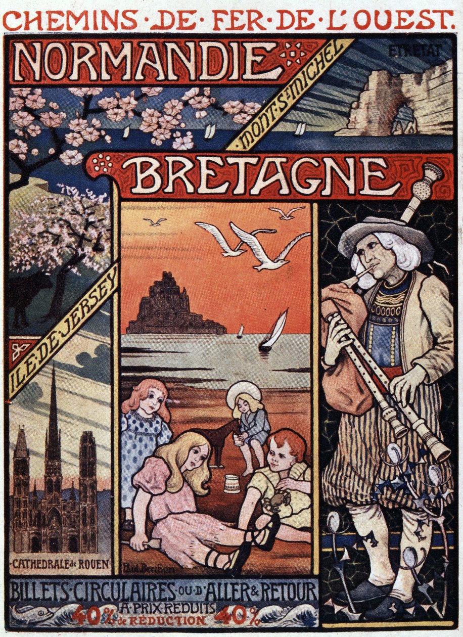 Utsikt over Normandie (Rouen og Etretat) og Bretagne (Mont Saint Michel), barn på stranden og sekkepipespiller - reklameplakat for Railways de l