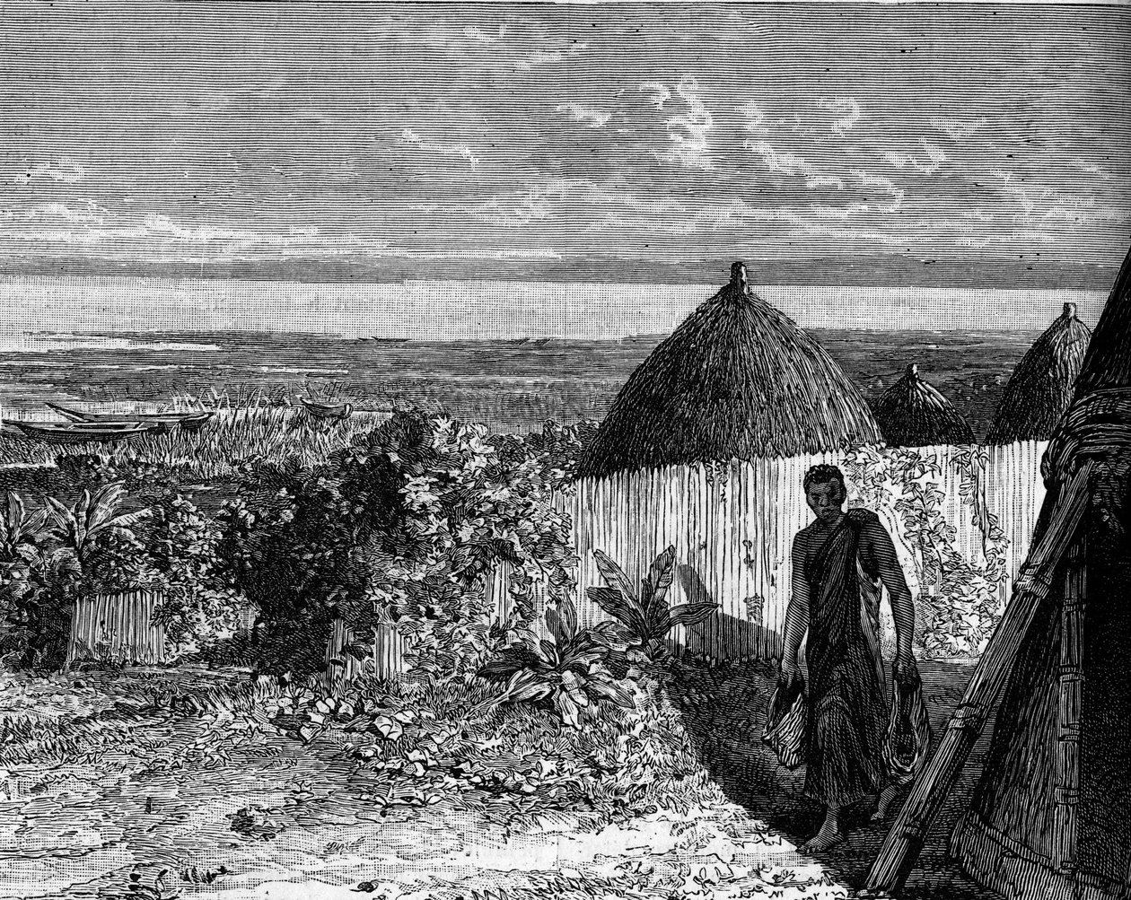 Landsby ved bredden av Lake Albert Nyanza (eller Lake Albert), Afrika. Gravering i "" Le Journal de la jeunesse"" av Unknown artist