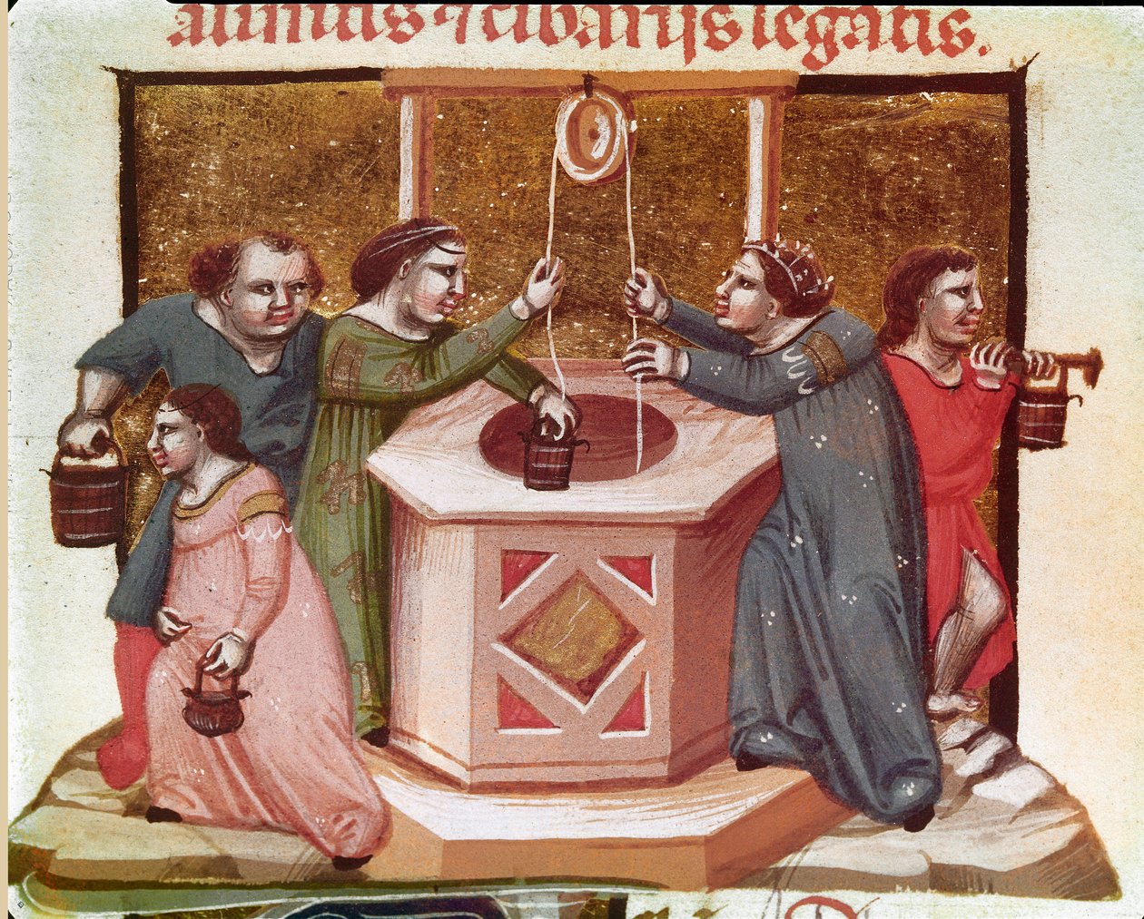 Landsbyboere som drar vann ved brønnen Miniatyr fra Justinian Code (Codex Justinianus), en samling lover og institusjoner utgitt under den romerske keiseren Justinian I av Byzantium (483-565) av Unknown artist
