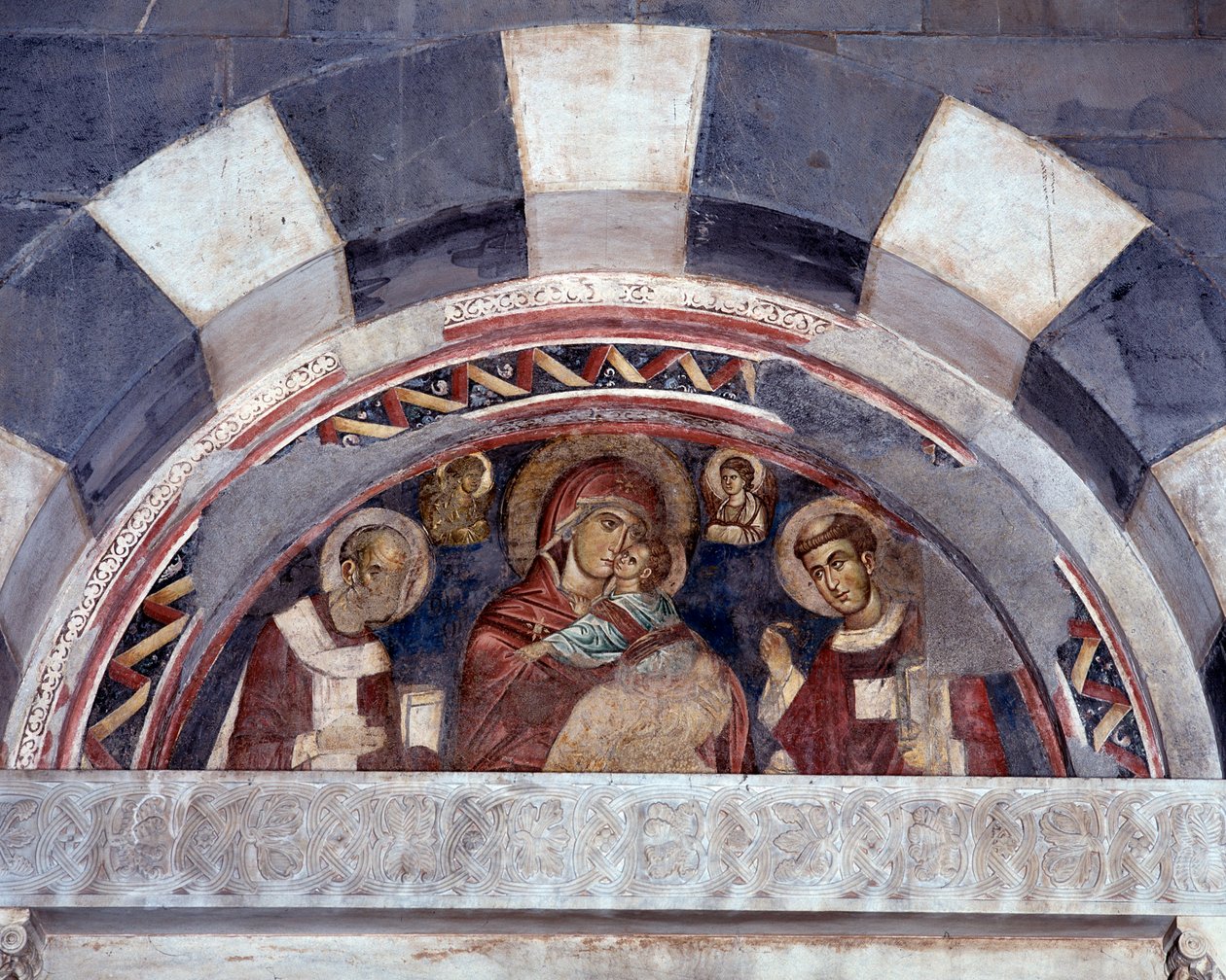 Jomfru mellom St. Nicholas og St. Lawrence (fresco av Unknown artist