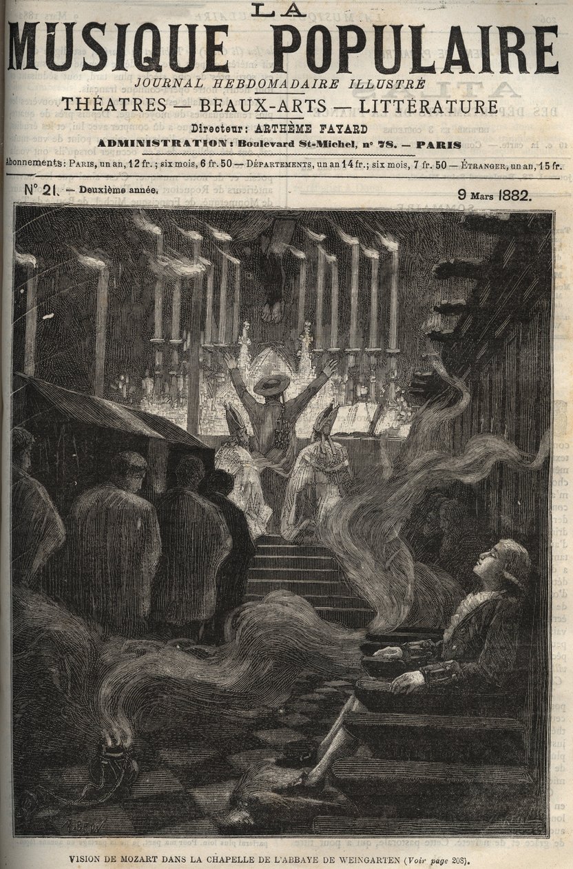 Visjon av Wolfgang Amadeus Mozart (1756-1791) i kapellet (stort orgel) i Weingarten Abbey i Tyskland - gravering i "" Popular Music """ berømte ukeavis - 1882 av Unknown artist