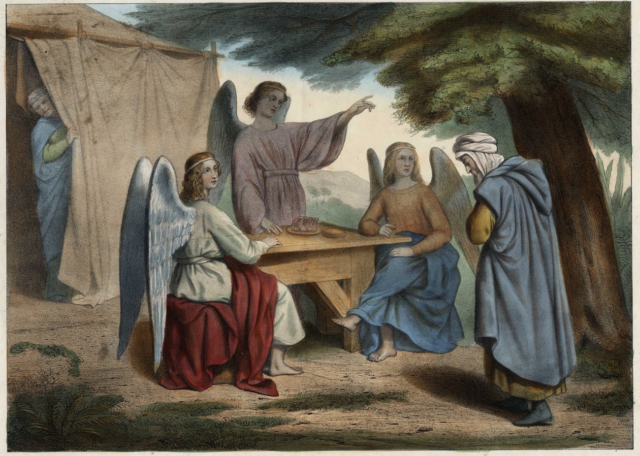 Visit of the Three Angels to Abraham: Abraham learns that his wife Sarah (deep), already very old, will soon give him a son. Anonymous engraving from the middle of the 19th century. av Unknown artist