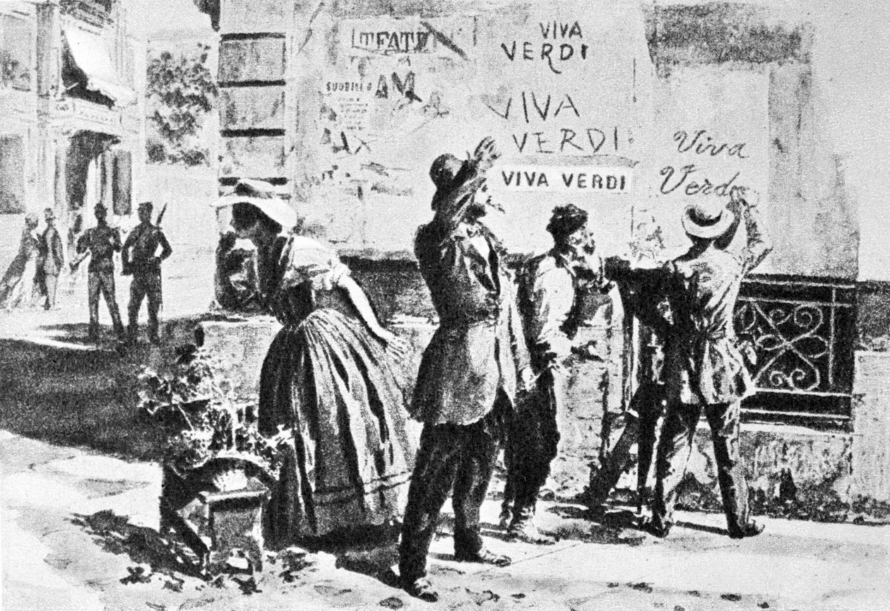 Viva Verdi: Entusiastiske inskripsjoner for Giuseppe Verdi i Napoli (riket av de to Siciliene) under den østerrikske okkupasjonen i 1859, etter forbudet mot hans opera "Un Ballo in maschera" (V.E.R.D.I. (VERDI) = Vittorio Emanuele Re d