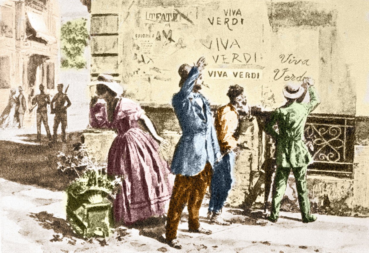 Viva Verdi: Entusiastiske inskripsjoner for Giuseppe Verdi i Napoli (riket av de to Siciliene) under den østerrikske okkupasjonen i 1859, etter forbudet mot hans opera "Un Ballo in maschera" (V.E.R.D.I. (VERDI) = Vittorio Emanuele Re d