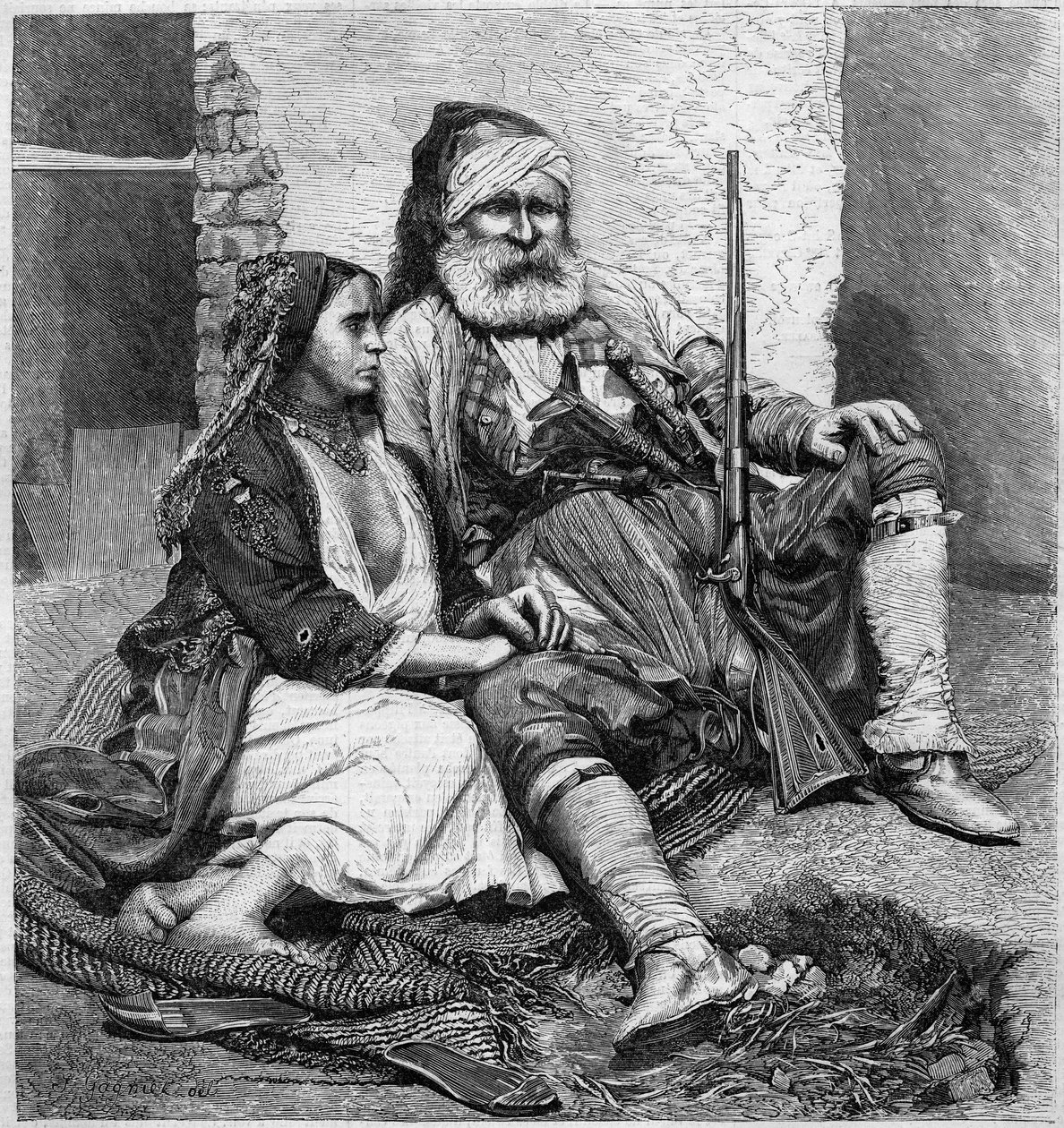 Vlach-typer og kostymer (Palicare og Gypsy). Fra et fotografi av Ch. de Szathmari, fra Bucuresti. Gravering i "" Le Monde Illustré"" nr. 28 av 24. oktober av Unknown artist