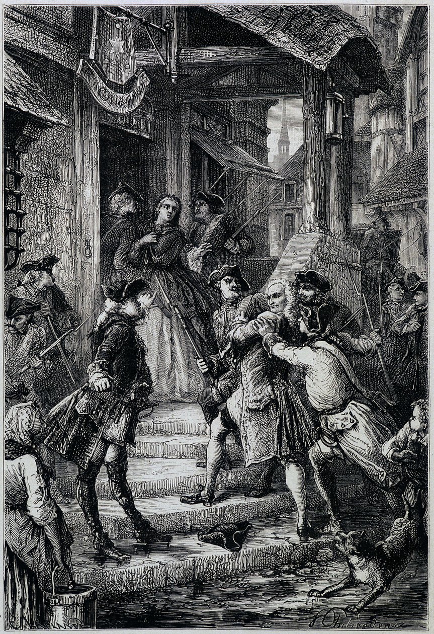 Voltaire (1694 - 1778) arrestert i Frankfurt i 1753 etter ordre fra den store Frederick II - i Histoire de France fra de fjerneste tider til 1789 av M. Guizot av Unknown artist