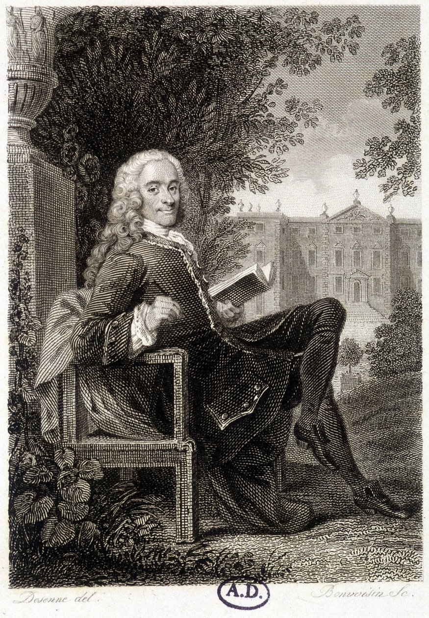 Voltaire lesing i en park - gravering av Unknown artist