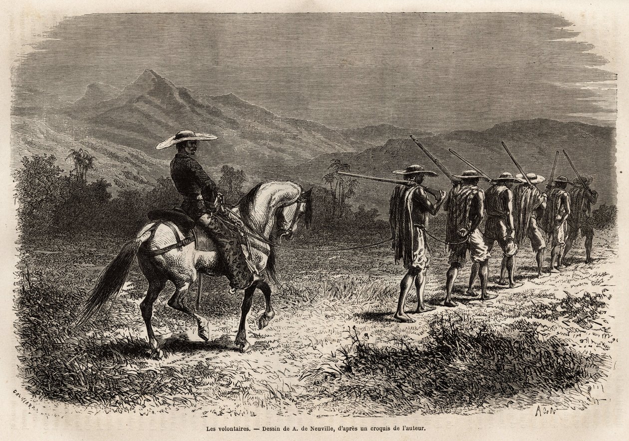 Frivillige på vei til Cali, en lang rekke menn med hendene bundet bak ryggen, forbundet med et tau til hverandre, et tau som holdes av en soldat på hesteryggen, som tar dem med til en militær treningsleir. Gravering for å illustrere reisen til New Gra av Unknown artist