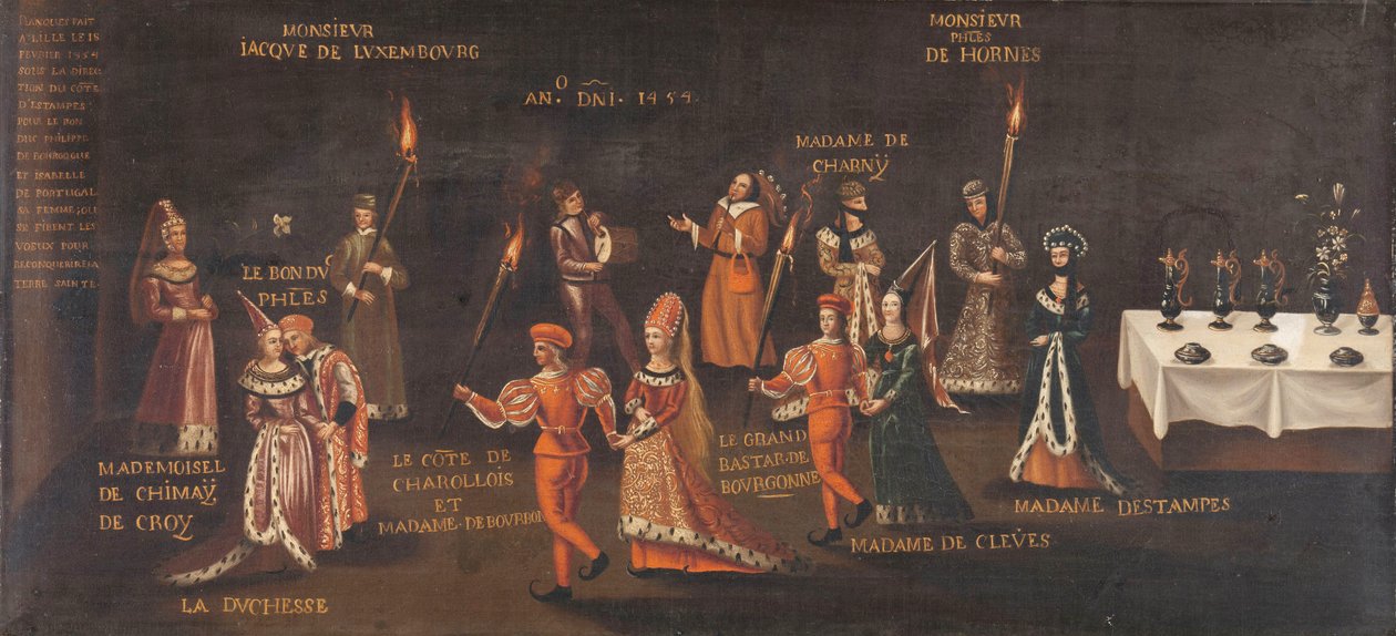 Fasanens løfte (Philip den gode og Isabella ved fasanfesten i Lille i 1454), ca. 1500- c.1599 (olje på lerret) av Unknown artist