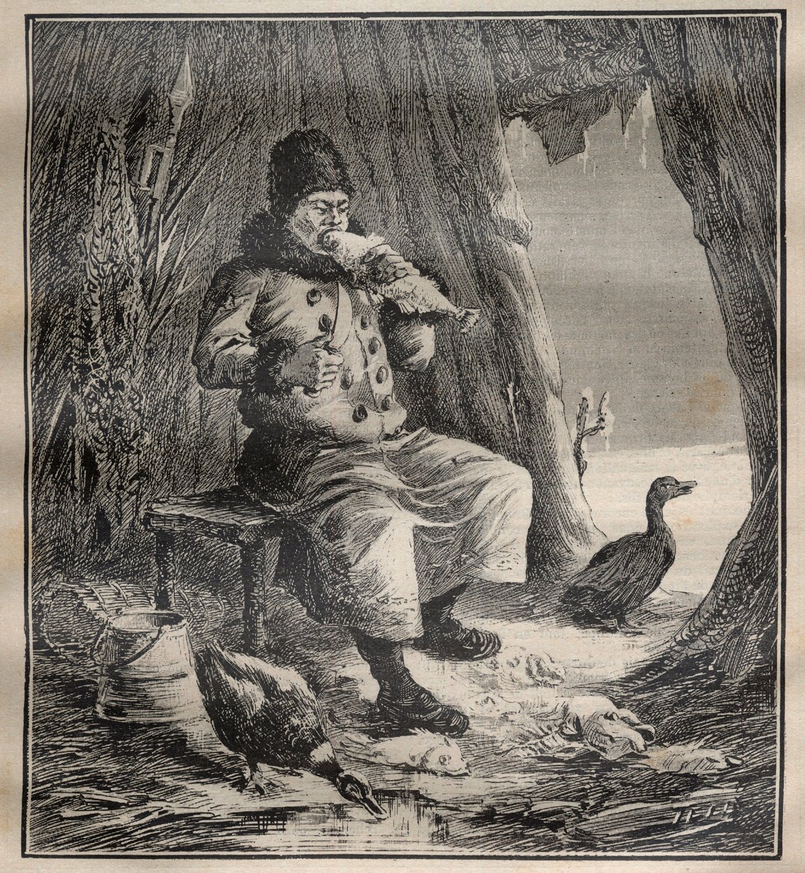 Voyages de Charles Rabot (1856-1944): Ostiak (Khanty or Khante) de Siberie mangant du poisson - Engraving In “” La Science francaise”” av Unknown artist