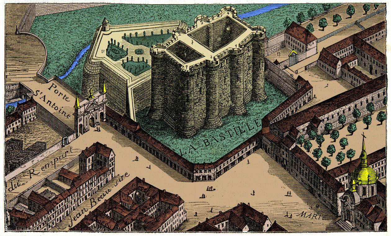 Utsikt over Bastillen fra et fugleperspektiv i 1553, gravering fra 1800-tallet av Unknown artist