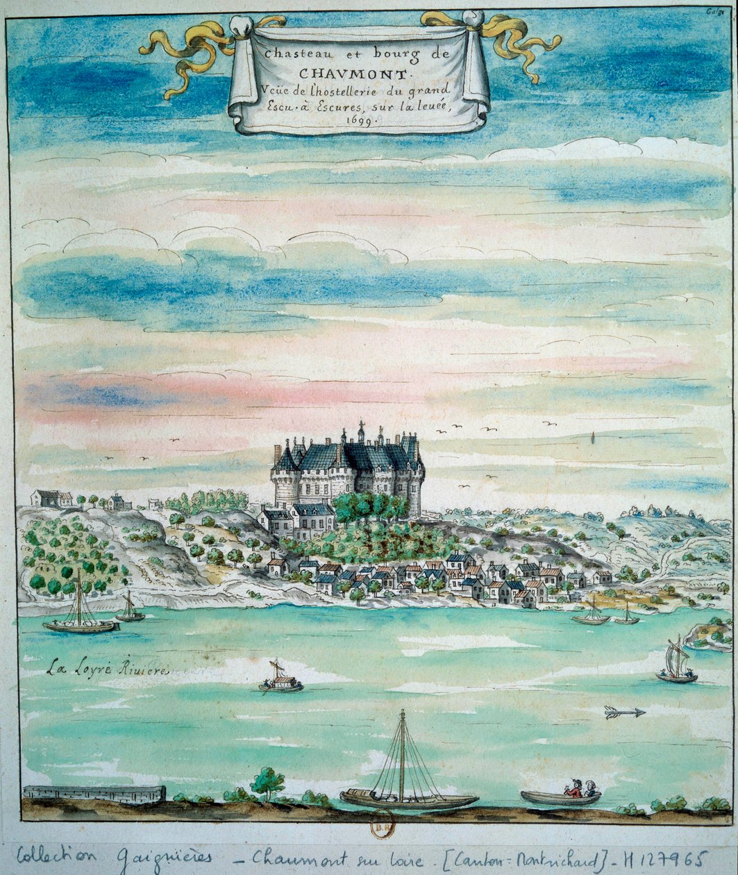 Utsikt over Chateau de Chaumont sur Loire Chateau de Chaumont-sur-Loire (Chaumont sur Loire) er et slott i Loire, Loir-et-Cher (Loir et Cher), sentrum, Frankrike. Anonym akvarell fra 1699 Paris, B.N. av Unknown artist