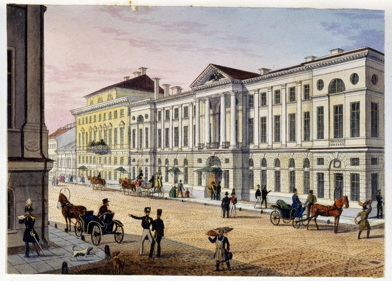 Utvendig visning av Hotel des Postes de Saint Petersburg (Album de Marie Taglioni) (Post Hotel i Saint Petersburg (Album of Marie Taglioni). Anonym etsning og akvarell, 1840-tallet. Moskva, A.S. Pushkins statsmuseum. av Unknown artist