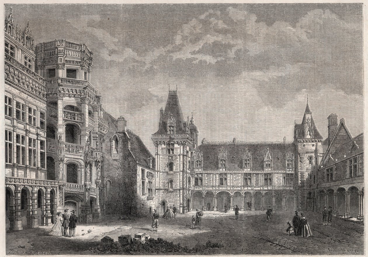 Utvendig utsikt over slottet Blois med den monumentale trappen - Gravering i "" Le Monde Illustrie"" av Unknown artist