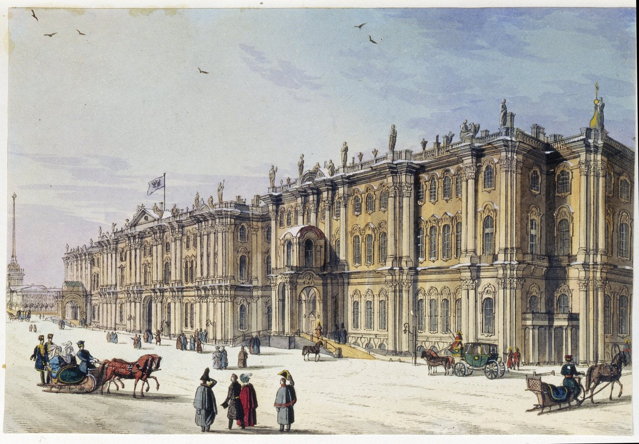 Utsikt over vinterpalasset i St. Petersburg (Album av Marie Taglioni). Anonym etsning og akvarell, 1840-tallet. Moskva, Museum State Museum of A.S. Pushkin. av Unknown artist