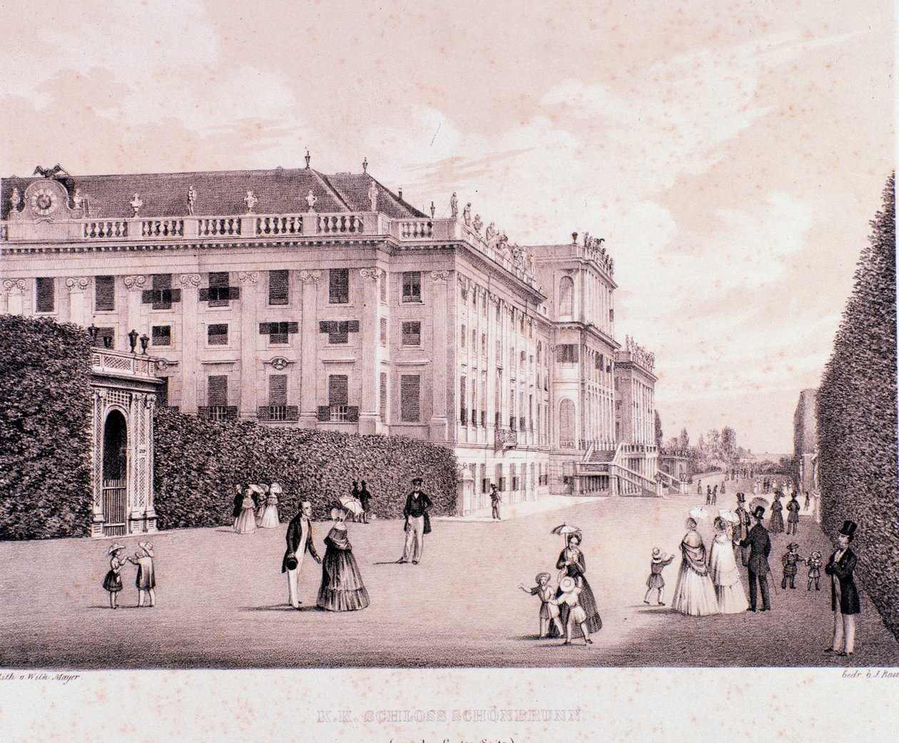 Turgåere i parken til Schönbrunn Palace (Schoenbrunn) i Wien. Østerrike. Trykk fra begynnelsen av 1800-tallets privatsamling av Unknown artist