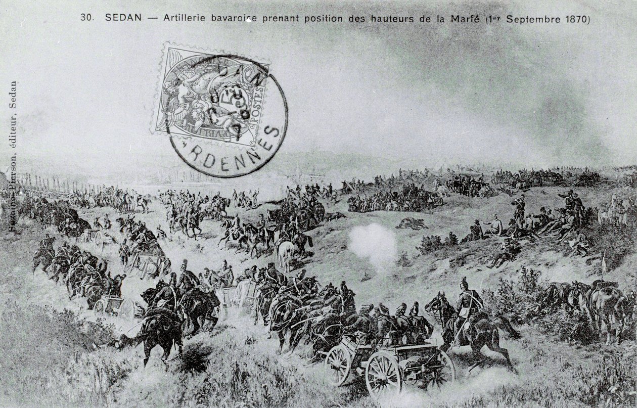 Krigen i 1870: Bayersk artilleri tar posisjon fra høyden til Marfe i Ardennene 01.09.1870. Gravering fra 1870 av Unknown artist