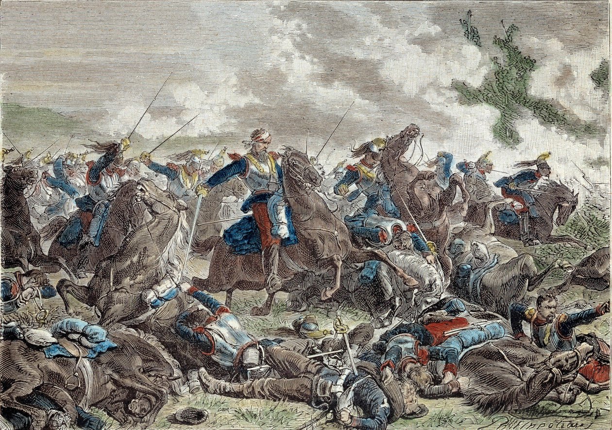 Krigen i 1870: slaget ved Froeschwiller Woerth (Froeschwiller-Woerth) (eller slaget ved Reichshoffen) 06.08.1870 som så Tysklands seier - Gravering av 1800-tallet - Paris, Musee de l