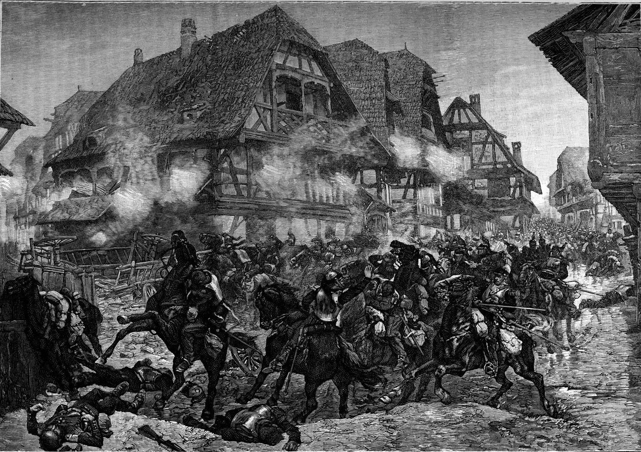 War of 1870: the charge of the 8th and 9th battleships through the streets of Morsbronn (Alsace). Engraving in “” Le Journal de la jeunesse”” av Unknown artist