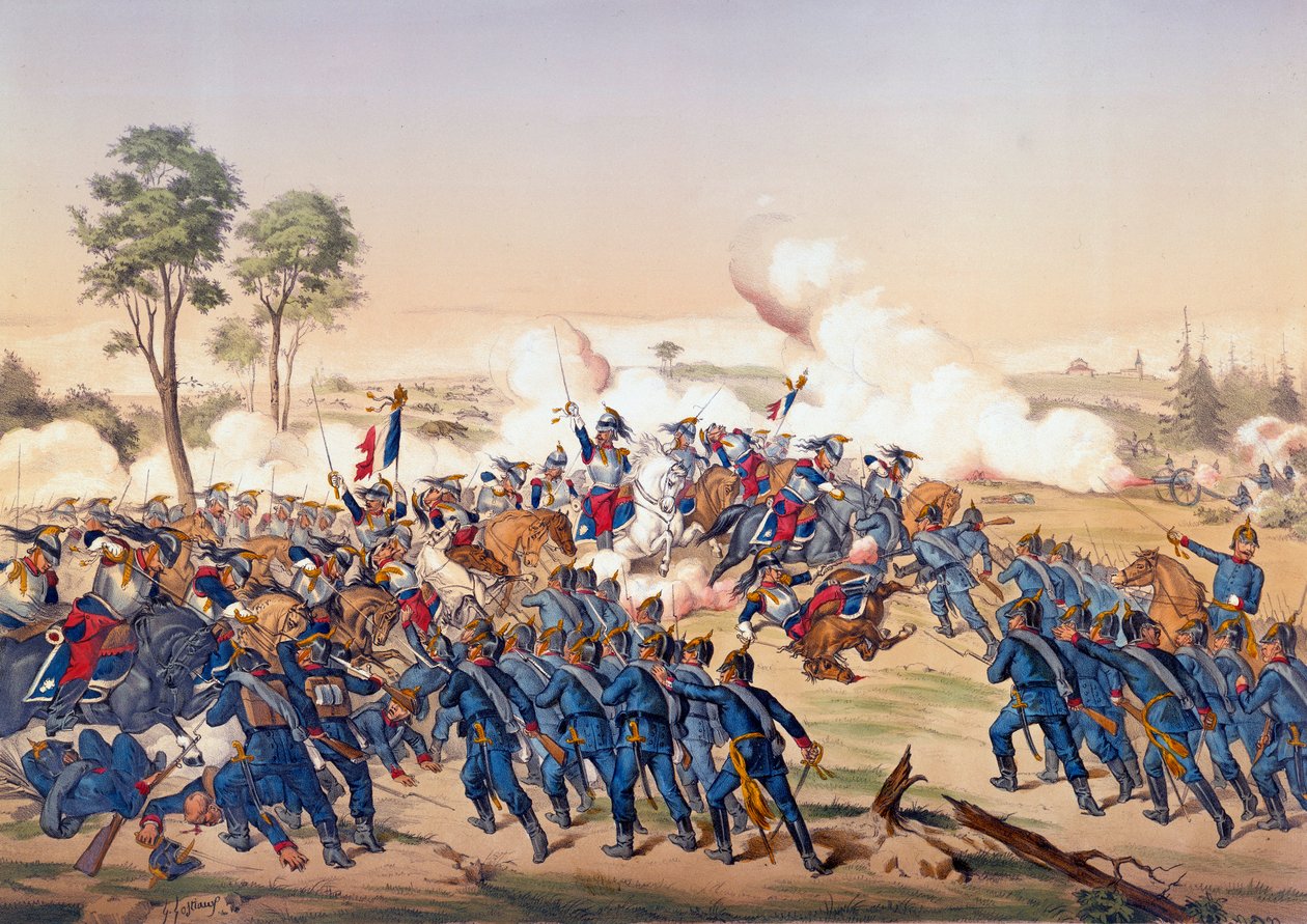 1870-krigen: anklagen for slagskipene i slaget ved Froeschwiller Woerth (Froeschwiller-Woerth) den 06.08.1870 som så Tysklands seier - Litografi av 1870. Paris, NL av Unknown artist