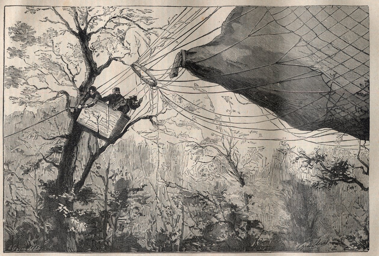 Krigen i 1870: nedstigningen av ballen "Armand Barbes"" med Leon Gambetta (1838-1882) om bord 7. oktober 1870 - Gravering i "La Science francaise"" av Unknown artist