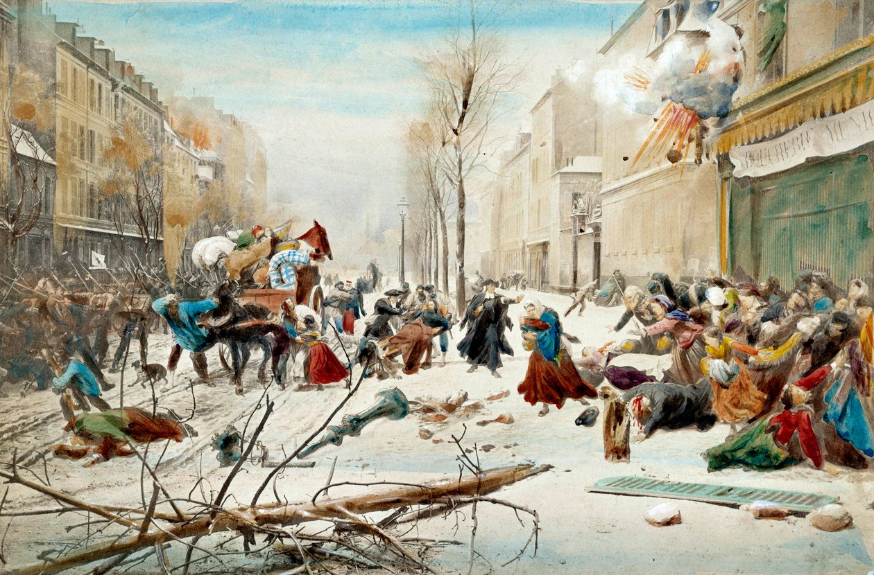 Krigen i 1870: beleiringen av Paris i 1870, bombardement av prøysserne. Innbyggerne i Paris forlater de bombede områdene under snø. Akvarell fra 1800-tallet. Paris, Musee de l