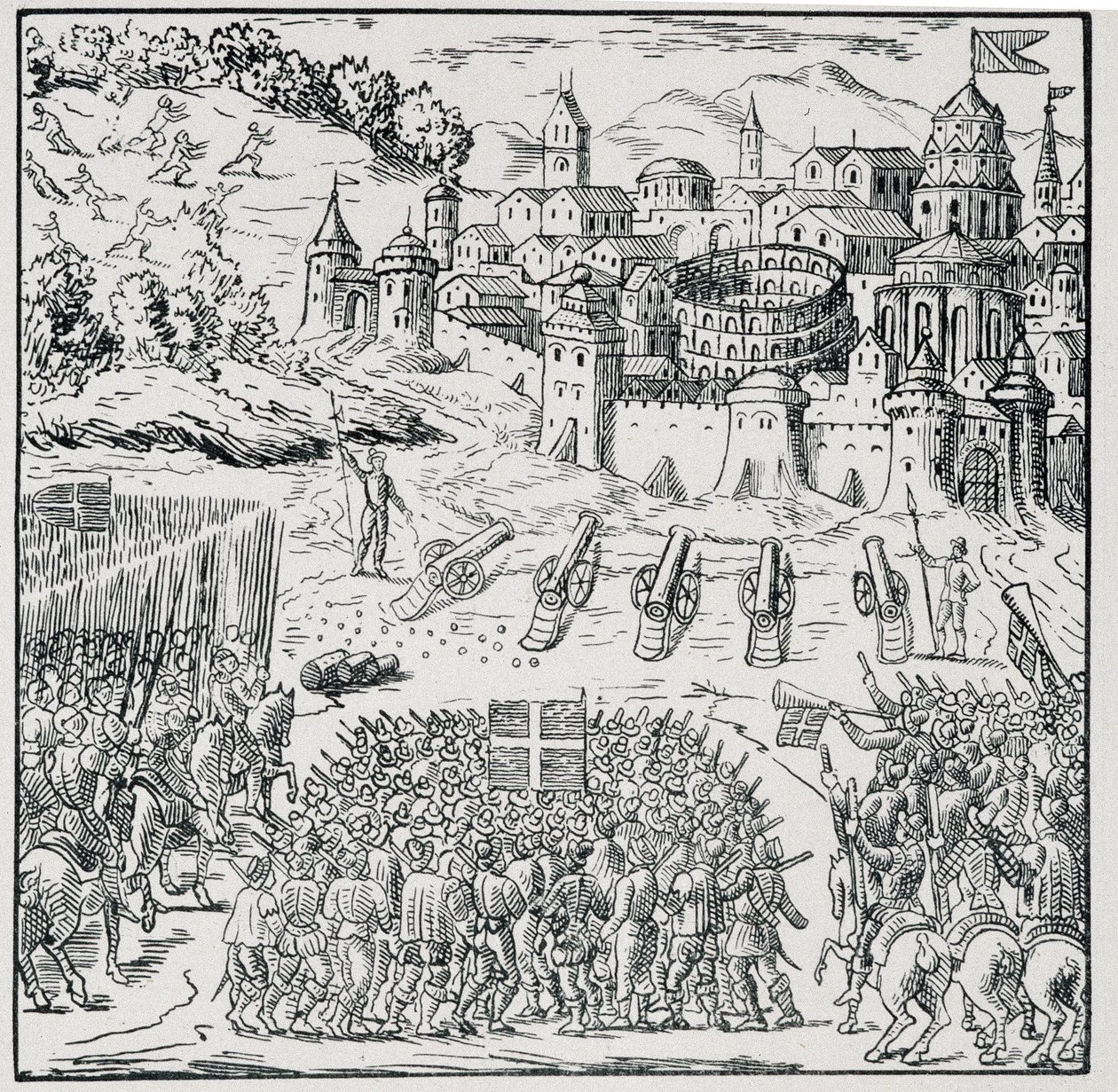 Religionskrig: Byen Nîmes beleiret av Kongens Armee (Henry III) i 1576 - i "" Samling av 39 figurer som representerer ulykkene i Frankrike fra 1562 til 1586""", Louis Perrin imprim. av Unknown artist