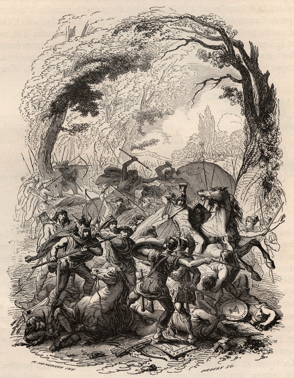 Gallernes krig: Slaget ved Aduatuca mellom det belgiske folket i Eburons og den romerske hæren. Quintus Titurius Sabinus og Lucius Aurunculeius Cotta ble beseiret i 54 f.Kr. Gravering fra 1868 i "Belgias historie fra primitive tider til slutten av av Unknown artist