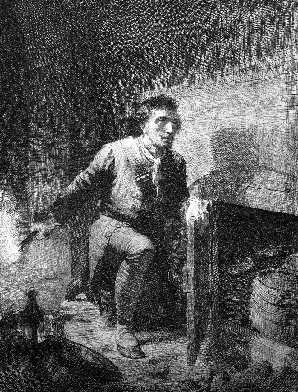 War of the Spanish Succession: representation of the Piemontane miner soldier Pietro (Pierre) Micca (1677-1706) apprehended a barrel of powder to prevent the passage of the French soldiers into the basement of the citadel during the siege of Turin in in 17 av Unknown artist