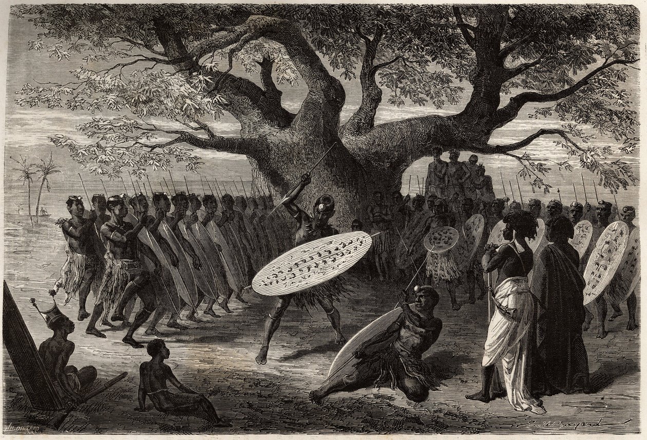 Krigerøvelser av Landines eller caffres-zulus, en Sena (Zambese River-regionen, Mosambik). Gravering for å illustrere Dr. Livingstones første reiser til Sør-Afrika fra 1840 til 1856, i «Le tour du monde, nouveau journal des voyages»» publisert under av Unknown artist