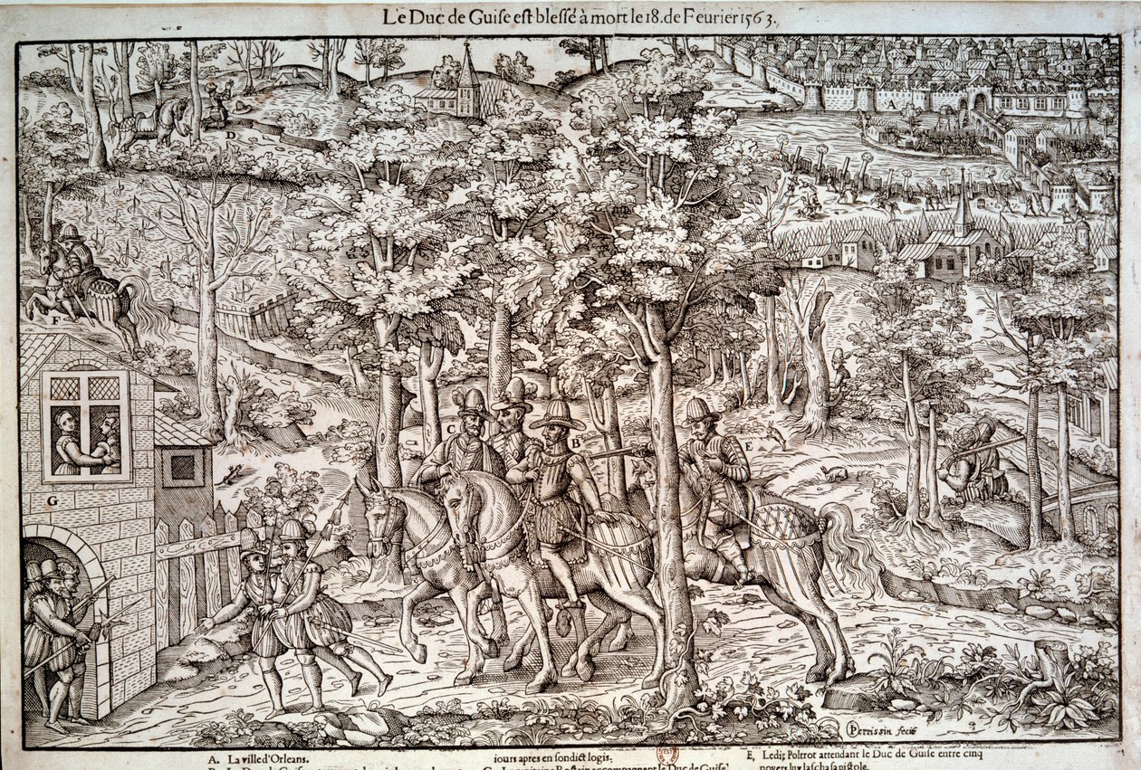 Religionskriger 1562-1598 "" Attentat på Francois I av Lorraine (1519-1563) andre hertug av Guise den 18.02.1563. En katolsk leder ble han drept av kalvinisten Jean de Poltrot de Mere eller Merey. Gravering fra 1500-tallet. Paris, B.N. av Unknown artist