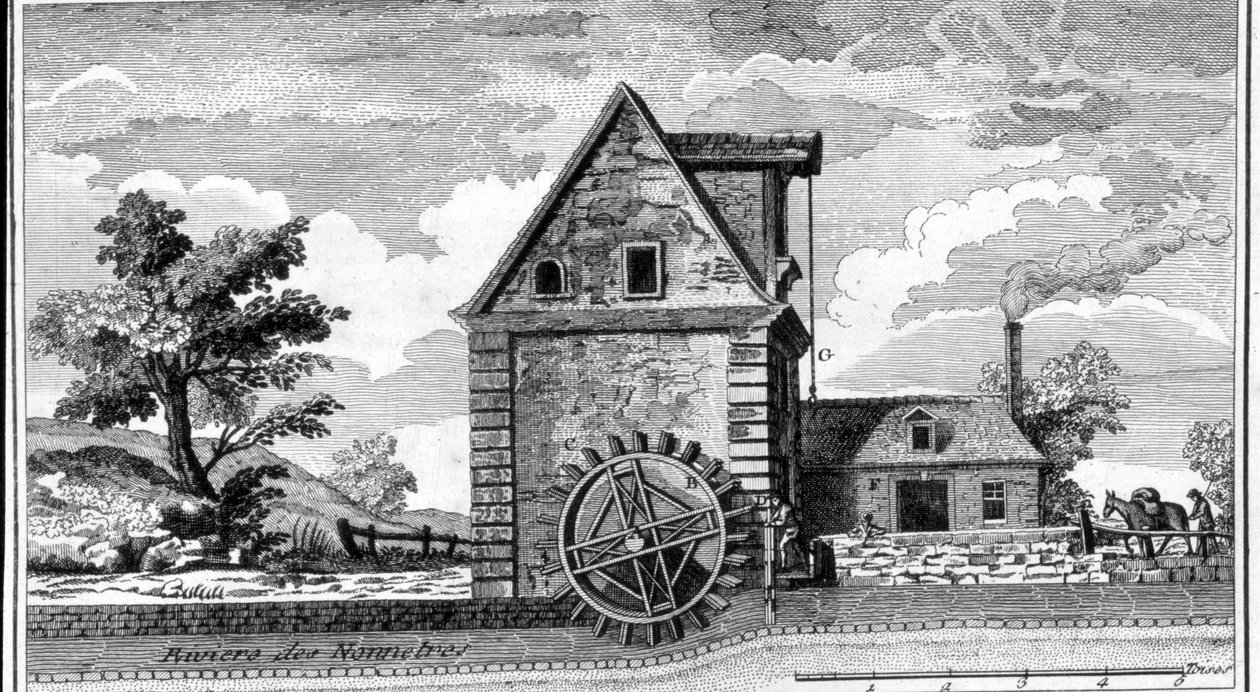 Vannmølle. gravering sd. rundt 1800. av Unknown artist
