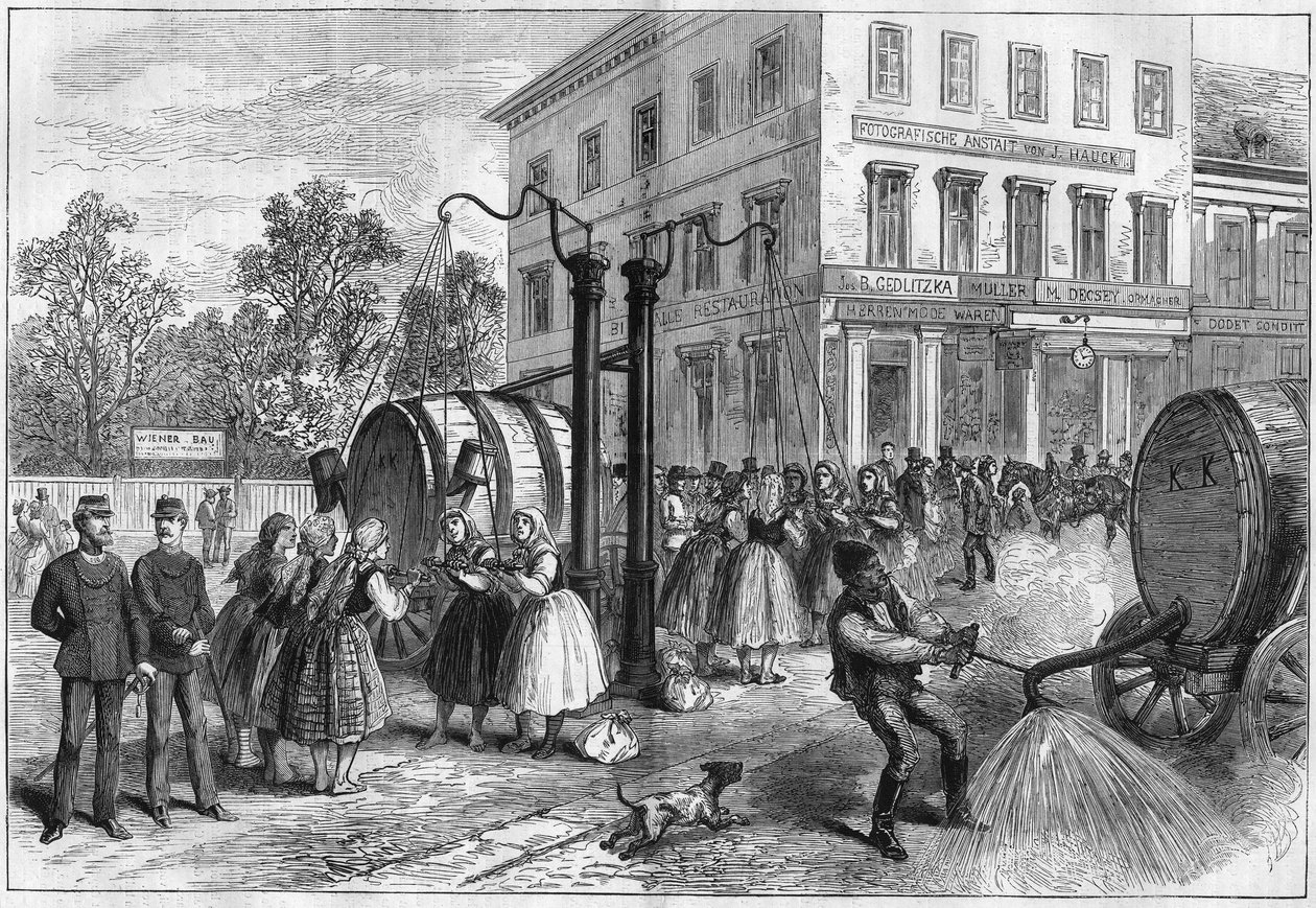 Watering system in the streets of Vienna, Austria in 1873. av Unknown artist