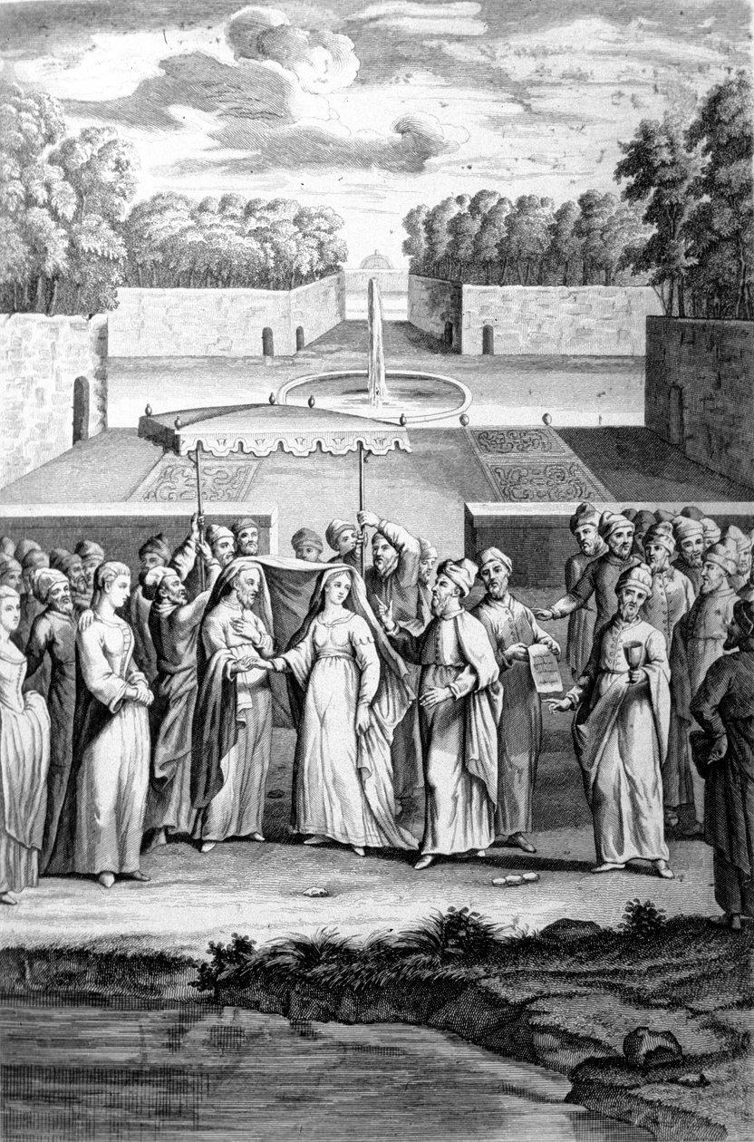 Bryllup i henhold til den hebraiske ritualen. 1800-talls gravering. av Unknown artist