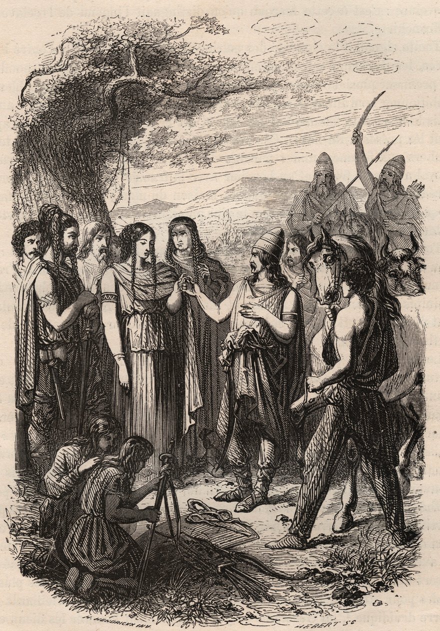 Bryllupsseremoni hos tyskerne. Gravering fra 1868 i «Histoire de Belgique fra primitiv tid til slutten av regne av Leopold I»» av Theodore Juste (1818-1888). Privat samling. av Unknown artist