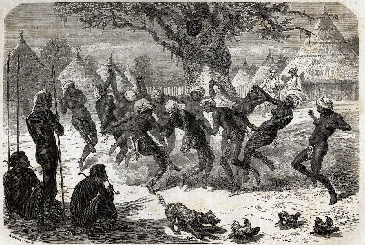 Velkomstdans av kvinnene i stammen, når Baker og hans kone kommer tilbake fra Lake Albert (Albert Nyanza). Engravure pour illustration le voyage au lac Albert, en 1861-1864, av Sir Samuel White Baker, i "Le tour du monde, nouveau journal des voyages av Unknown artist