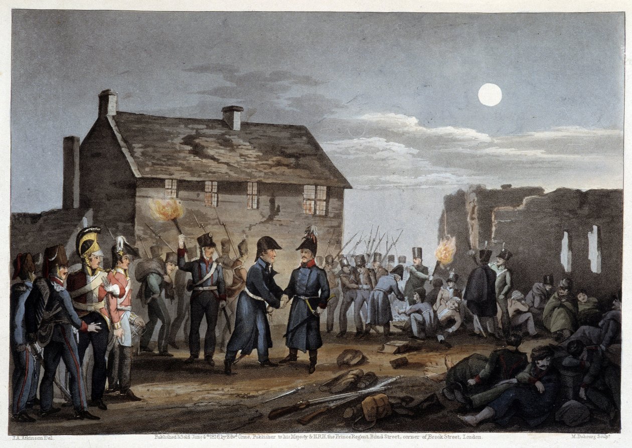 Wellington og Blucher møtes tilfeldigvis i Waterloo - i "" Historiske, militære og marineanekdoter og hendelser som ankom Bretagnes hærer og deres allierte, og endte i Waterloo"" av Edward Orme, ill. av Atkinson, London av Unknown artist