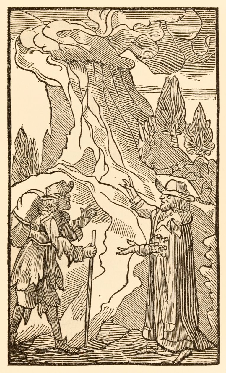 Når kristne til kjødelige mennesker gir ører... fra The Pilgrims Progress From This World, To That What Is To Come av John Bunyan (1628-1688) foreslår Mr. Worldly Wiseman at Christian kan kaste sin byrde i av Unknown