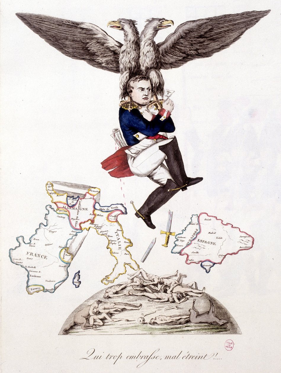 Hvem også omfavner dårlig omfavner: etter å ha sådd død i hele Europa, slutter Napoleon seg til øya Elba, båret av en ørn - i "" Napoleon 1st, karikaturer, dummy-samling"", ca. 1814 av Unknown artist