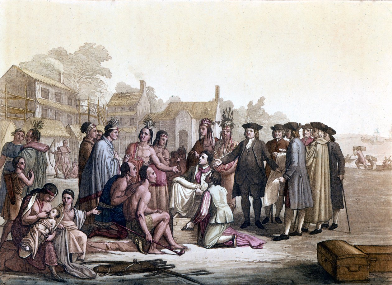 William (Guillaume) Penn (1644-1718), en engelsk quaker, tar for seg landerverv med indianerne i Amerika - Han la dermed grunnlaget for Pennsylvania og byen Philadelphia - Illustrasjon i "" Den gamle og moderne drakten" "" av Jules av Unknown artist