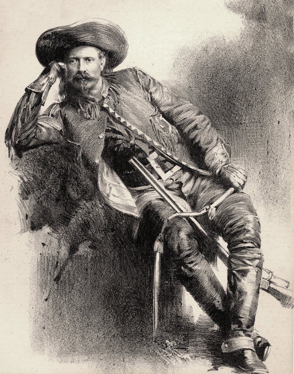 William Frederick Cody - Kjent som Buffalo Bill - Portrett av Buffalo Bill (1846-1917), oberst William Cody - gravering etter plakat. av Unknown artist