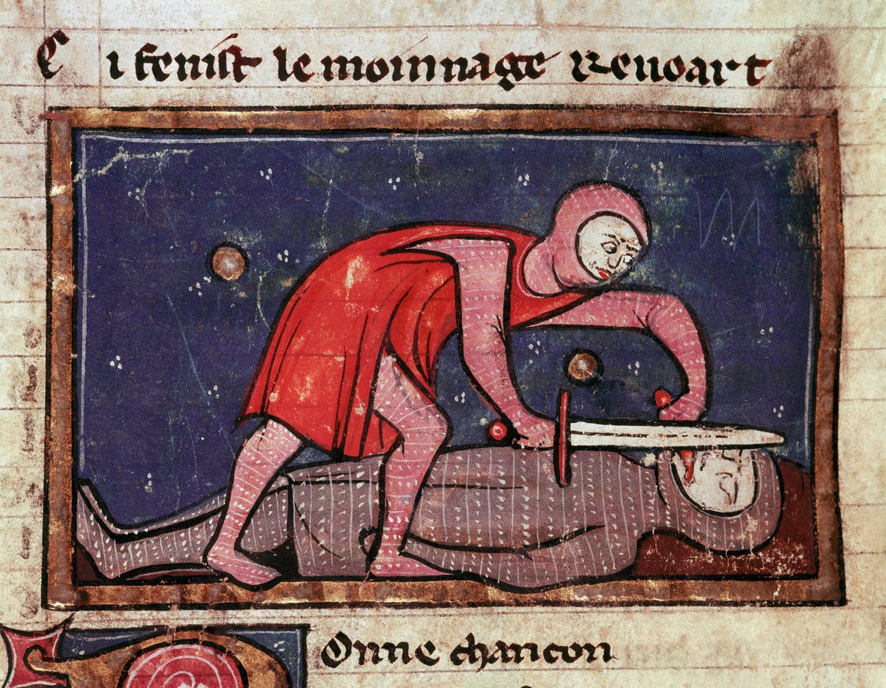 William V av Poitiers kalt den store (960-1030) skjærer tungen til sin fiende grev Boson II av Marche (988-1008) i 1008 Miniatyr hentet fra "The moinage of William"" (ms. 1025) 13. århundre Milan, Biblioteca Trivulziana av Unknown artist
