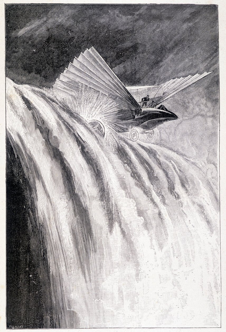 Bevinget kjøretøy som krysser en foss, syk. "" The Master of the World "", Jules Verne, sent på 1800-tallet. av Unknown artist