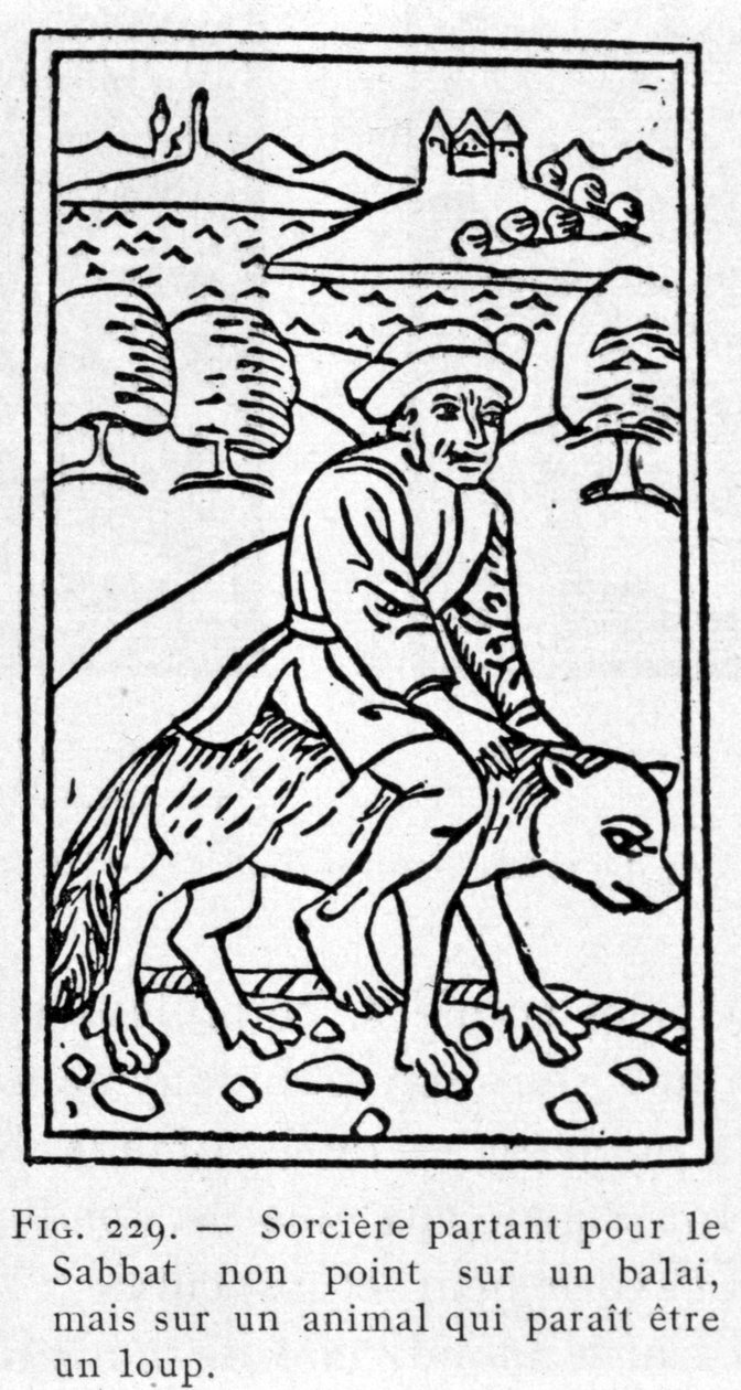 Heks som drar til sabbaten, ikke på en kost, men på et dyr som ser ut til å være en ulv. av Unknown artist