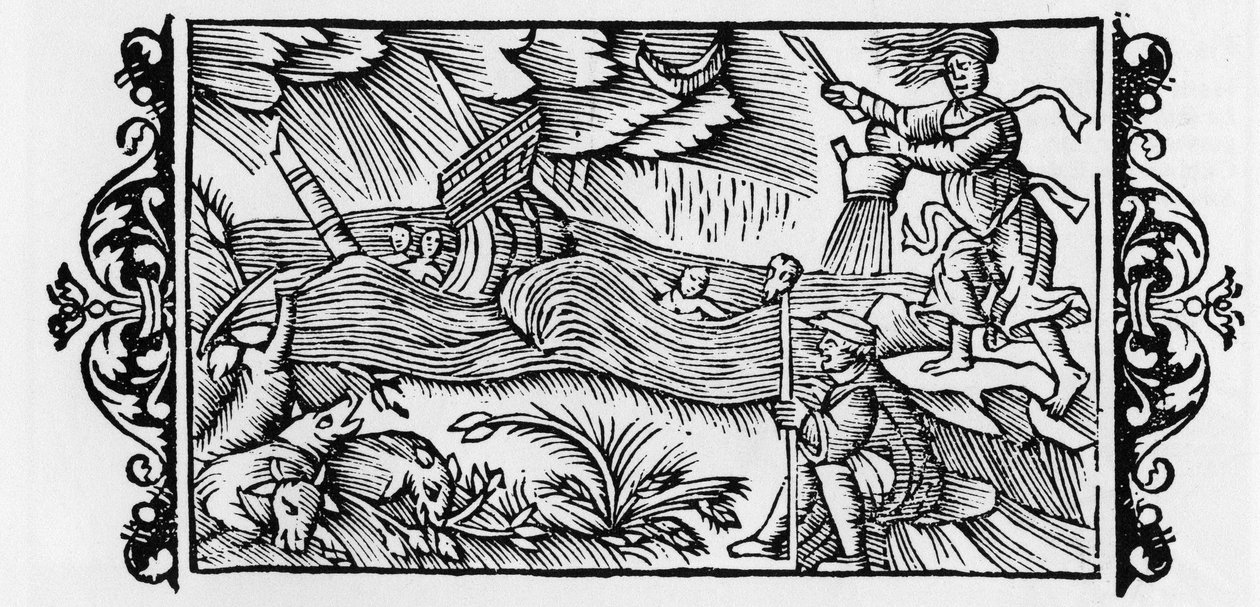 Wizard dischainting a Tempete - in “Historia de Gentibus Septentrionalibus” (History of the peoples of the North) by Olaus Magnus, Rome 1555 av Unknown artist