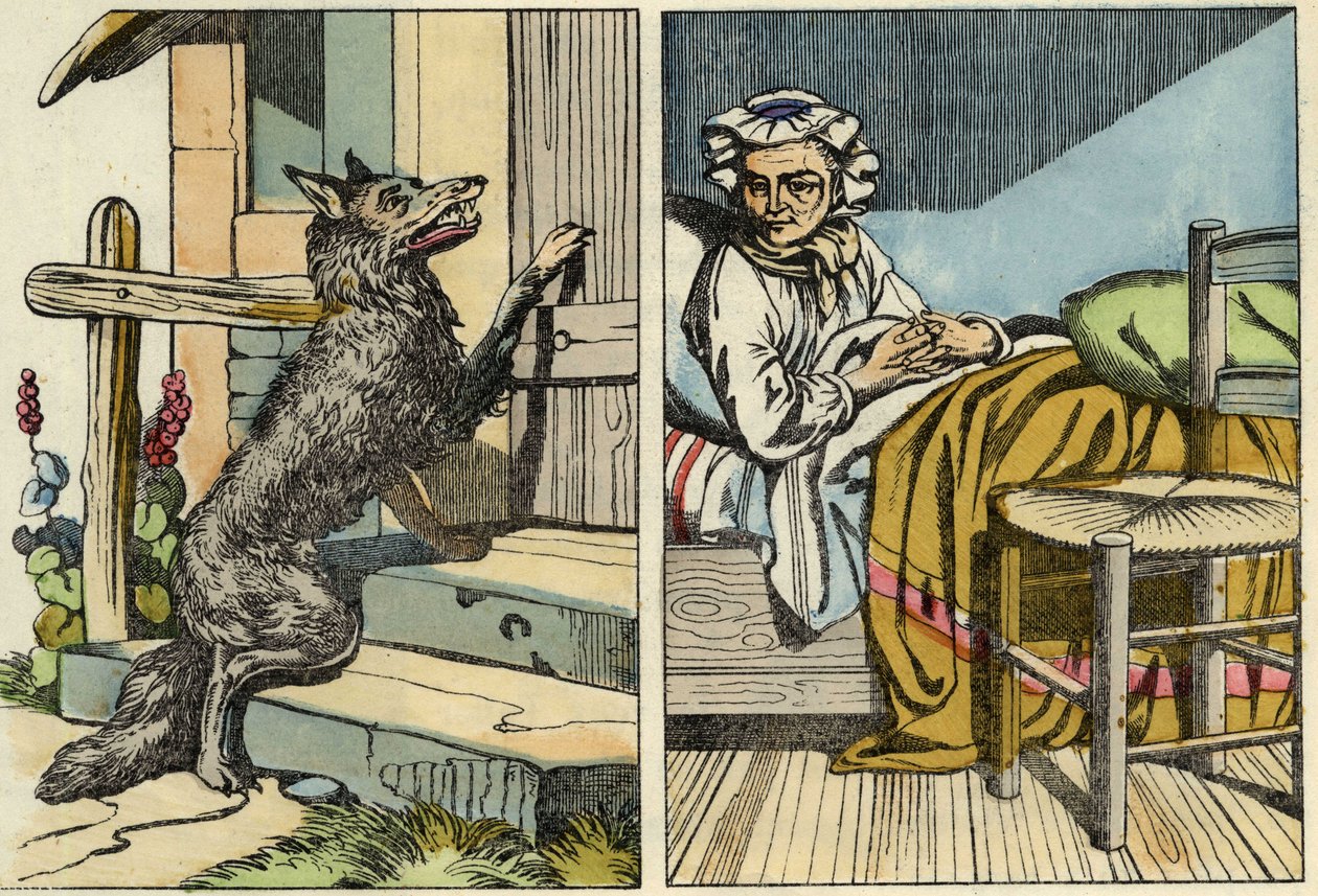Ulv banker på døra til bestemor. Illustrasjon av historien "Den lille rødhette" av Charles Perrault av Unknown artist